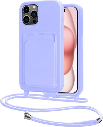 Hoes Geschikt voor iPhone 14 Pro Max Hoesje Pasjeshouder Cover Met Koord Case Siliconen Hoes Met Telefoonkoord en Kaarthouder - Lila