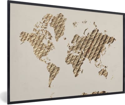 Poster in lijst - Fotolijst 90x60 cm - Posters - Wereldkaart - Touw - Bruin - Posterlijst zwart - Decoratie - Wanddecoratie woonkamer - Muurdecoratie slaapkamer