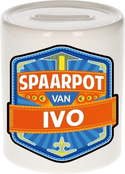 Bellatio Decorations Kinder spaarpot met naam - Ivo - keramiek - met dop - wit - Sparen - Spaargeld van Ivo