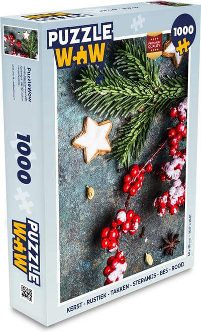Puzzel Kerst - Rustiek - Takken - Steranijs - Bes - Rood - Legpuzzel - Puzzel 1000 stukjes volwassenen - Kerst - Cadeau - Kerstcadeau voor mannen, vrouwen en kinderen