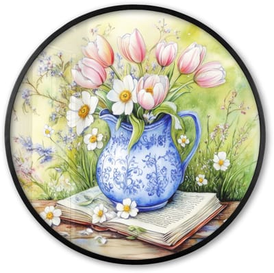 Poster in lijst Rond - Fotolijst 60x60 cm - Posters - Vaas - Delftsblauw - Madeliefjes - Ronde posterlijst zwart - Decoratie - Wanddecoratie woonkamer - Muurdecoratie slaapkamer