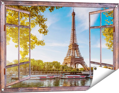 Gards Tuinposter Doorkijk Eiffeltoren in Parijs aan het Water - 90x60 cm - Tuindoek - Tuindecoratie - Wanddecoratie buiten - Tuinschilderij