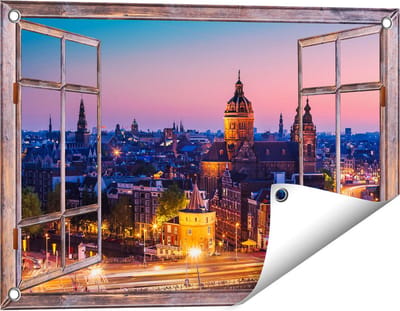 Gards Tuinposter Doorkijk Amsterdam Skyline bij Zonsondergang - 60x40 cm - Tuindoek - Tuindecoratie - Wanddecoratie buiten - Tuinschilderij
