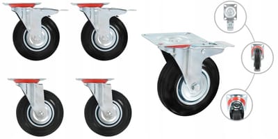 4x Zwenkwielen 125mm Rubber met Dubbel Rem - Set van 4