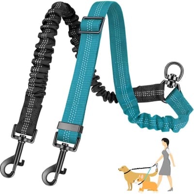 1,6 Ft Lange Dubbele Hondenriem Bevestiging - Dubbele Riemen Voor het Trainen van Kleine tot Grote Honden - Verstelbare Band Schokabsorberende Bungee blauw