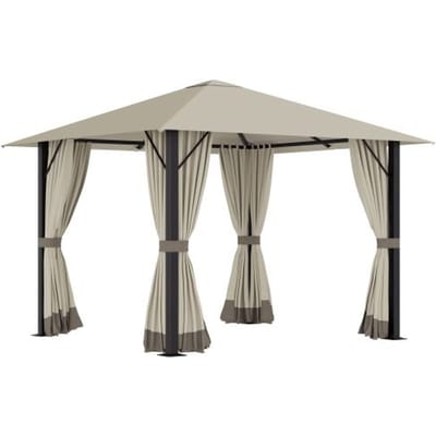 Abri de jardin - MUVOE - 3x3 m (2,97x2,97x2,6 m) - Toit ventilé - Structure aluminium/acier anti-corrosion - Rideaux amovibles kaki