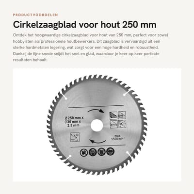 Dailygoods- Cirkelzaagblad 250 mm - 48T/60T - Hardmetalen Legering - Duurzaam - Hoge Hardheid - Glad Snijden - Zaagblad