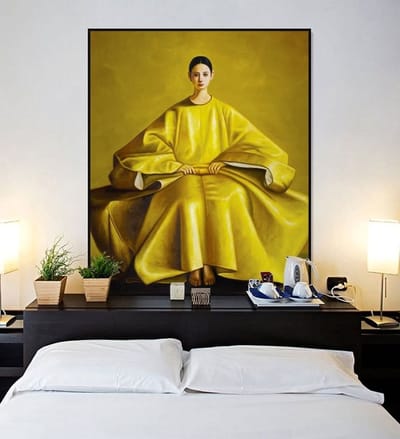 Fine Asianliving Olieverf Schilderij 100% Handgeschilderd Zwarte Omlijsting 100x100cm Chinese Vrouw Geel