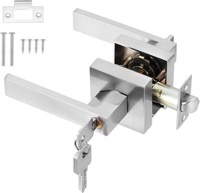 Veilige Deurhendel met Slot en Sleutel voor Binnengebruik, Vierkante Deurknop voor Slaapkamer en Kantoor, Links of Rechts Te Monteren (Zilver)