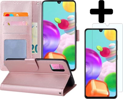 Hoesje - Met Screenprotector - Geschikt voor Samsung Galaxy A41 - Luxe Pasjeshouder - Flipcase - Bookcase Portemonee - Flip Case - Kunstleer Book Case - Book Cover - Walletcase - Portemonneehoes - Telefoonhoes - Rosé goud
