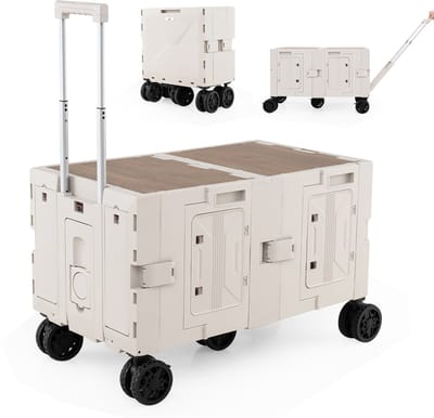 COSTWAY Bolderkar, opvouwbaar, handwagen met tafelblad, 2 opbergkisten, verstelbare handgreep en bekerhouders, 150 l, tuinwagen tot 60 kg belastbaar, transportwagen voor camping, wit