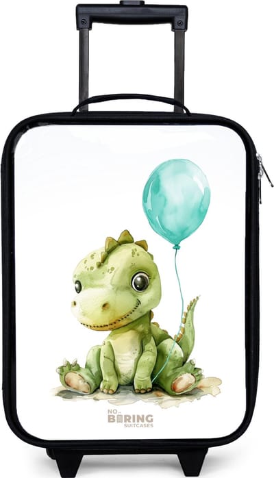 NoBoringSuitcases.com® - Kinderkoffer jongen - Kindertrolley meisje - Dino met blauwe ballon - Koffer kind lichtgewicht - Reiskoffer trolley voor kinderen - Koffertje met lichtgevende wieltjes - Rolkoffer zwart