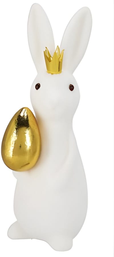 Decoratie beeld paashaas / konijn - staand - gouden ei - wit - kunststof - 21 cm - paasdecoratie