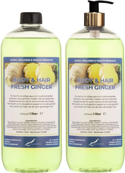 Body & Hair Fresh Ginger 1 liter met gouden pomp - set van 2 stuks - 2 in 1 voor lichaam en haar - voordeelverpakking