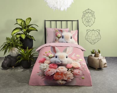 Pure dekbedovertrek konijn met bloemen - 1 persoons 140x200/220 cm - Roze - Microvezel