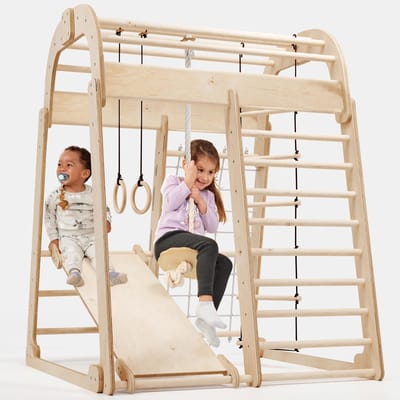 Goodevas Houten Klimtoestel voor Kinderen – Indoor & Outdoor Montessori Gym met Schommel, Klimwand, Klimtouw en Touwladder – Voor Kinderen van 3-8 Jaar