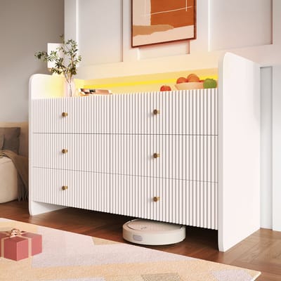 DESMIU Dressoir - Met Ledverlichting En 6 Laden - Golvend Reliëfdesign Voor Woonkamer En Slaapkamer - Spaanplaat En Metaal - 120x40x75 Cm - Wit