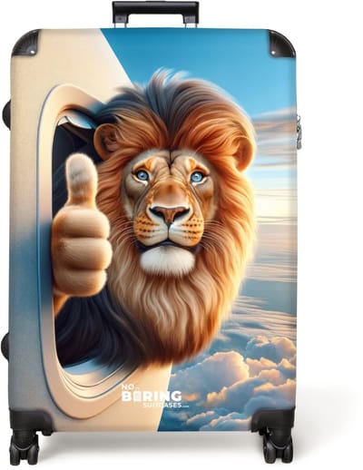 NoBoringSuitcases.com® - Koffer groot - Reiskoffer lichtgewicht - Leeuw met opgestoken duim uit een vliegtuigraam - Rolkoffer met 4 wielen - Grote trolley XL - 98 liter bagage