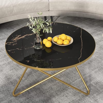 Ronde Salontafel met Zwart Marmerlook Tafelblad en Metalen Onderstel