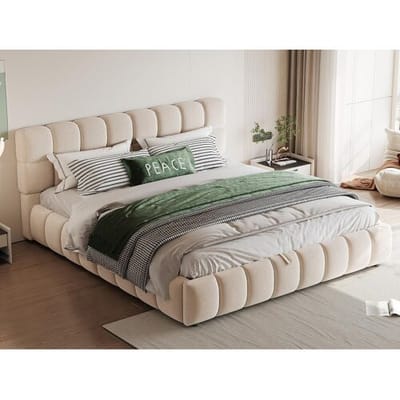 ModernLuxe Gestoffeerd opbergbed 140×200 cm - Tweepersoonsbed - Fluweel - Beige (matras niet inbegrepen)