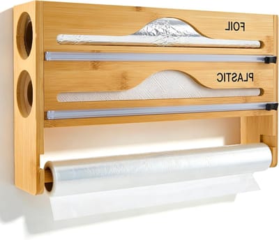 Houten dispenser voor vershoudfolie, aluminiumfolie en keukenrolhouder met wandmontage en cutterfunctie, ideaal voor een georganiseerde keuken