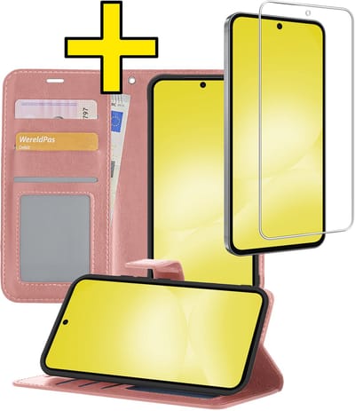 Hoesje - Met Screenprotector - Geschikt voor Samsung Galaxy A56 - Luxe Pasjeshouder - Bookcase Portemonee - Flip Case - Kunstleer Book Case - Flipcase - Book Cover - Walletcase - Portemonneehoes - Telefoonhoesjes - Rosé goud