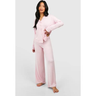 boohoo Dames Petite pyjama set: overhemd met lange mouwen en broek | Baby Roze | Maat: 34