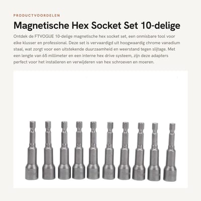 Dailygoods - Magnetische Hex Socket Set - 10-delige set - Chrome Vanadium Staal - 10mm - Hoogwaardige kwaliteit - Ideaal voor klussen - Geschikt voor...