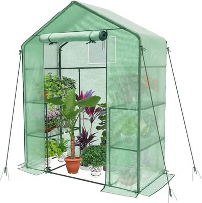 Famanu – Broeikas met 4 planken en ritsdeur, wandelbare tuinkas met sterke metalen frame, 143 x 73 x 195 cm, groen