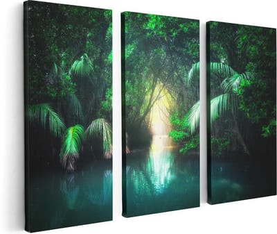 Artaza Canvas Schilderij Drieluik Tropische Jungle Met Een Turquoise Meer - 120x80 cm - Wanddecoratie Woonkamer - Schilderijen - Muurdecoratie