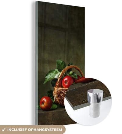 MuchoWow® Glasschilderij 60x120 cm - Schilderij acrylglas - Rustiek - Appel - Fruit - Rood - Mand - Stilleven - Foto op glas - Schilderijen