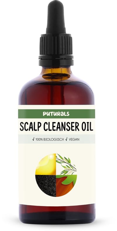 Puturals Scalp Oil 100% Natuurlijk - Tea Tree Scalp Cleanser Oil - 100ml - Blend van Jojoba Olie, Tea Tree Olie, Vitamine E Olie en Black Seed Oil - Geschikt als Scalp Oil, Hoofdhuid Olie en Haargroei Olie - Buine Glazen Fles + Pipet