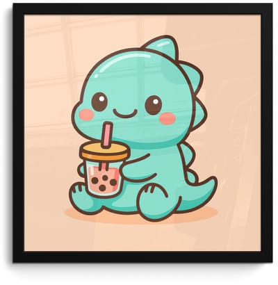 Poster in lijst - Fotolijst 40x40 cm - Posters - Dino - Boba - kawaii - Oranje - Posterlijst zwart - Decoratie - Wanddecoratie woonkamer - Muurdecoratie slaapkamer