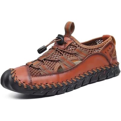 Zomer Nieuw Echt Leer Gesloten Teen Sandalen Heren Bovenkleding Mesh Rijdende Strand Schoenen Zomer Vrije Tijd Waden 48 bruin