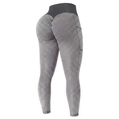 Grijs sport legging dames – high waist fitness legging met honingraat patroon – elastische yoga legging met zijzakken – aansluitende sport broek voor fitness yoga hardlopen en training – maat S