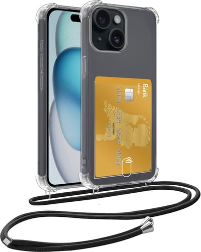 Hoesje Geschikt voor iPhone 15 Hoesje Met Telefoonkoord en Pasjeshouder Siliconen - Hoes Geschikt voor iPhone 15 Hoesje Met Kaarthouder Shock Proof Case - Transparant