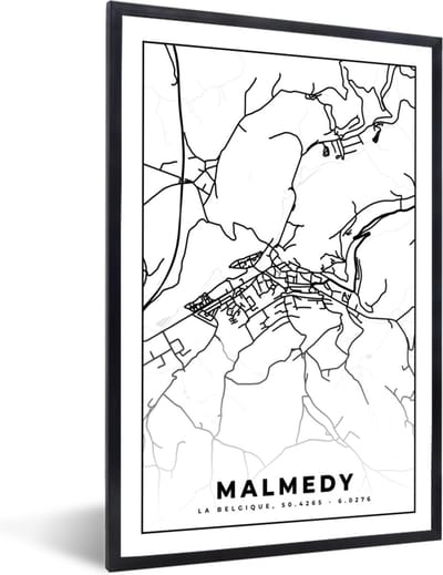 Fotolijst incl. Poster Zwart Wit- Plattegrond – Malmedy – Zwart Wit – Stadskaart - Kaart - België - 40x60 cm - Posterlijst