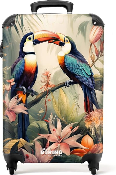 NoBoringSuitcases.com® - Handbagage koffer lichtgewicht - Reiskoffer trolley - Twee toekans op een tak in de jungle - Rolkoffer met wieltjes - Past binnen 55x40x20 en 55x35x25