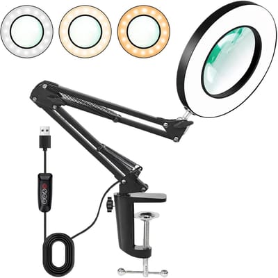 SnelShoppen - Opvouwbare LED Tafellamp met Vergrootglas, 10x Vergroting, 72 Lampkralen, 3 Lichtmodi & 10 Dimmingen - Draaibare Armlamp met Metalen Kle