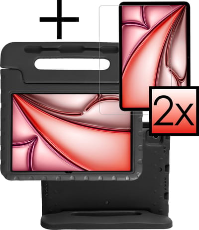Hoes - Geschikt voor Apple iPad Air (2024/2025/2026) - 11 inch - Met 2x Screenprotector - Kinderhoes Shockproof Bumper - Kidsproof Case - Tablet Hoesje - Kinder Cover - Zwart