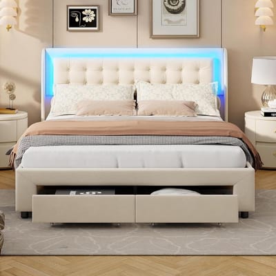 Gestoffeerd Tweepersoonsbed - Bed met Opbergruimte - Slaapkamer Inrichten - Ingebouwde LED Verlichting - 180 x 200 cm - Beige