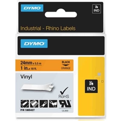 DYMO 1805427 IND Rhino tape vinyl zwart op oranje 24mm (origineel)