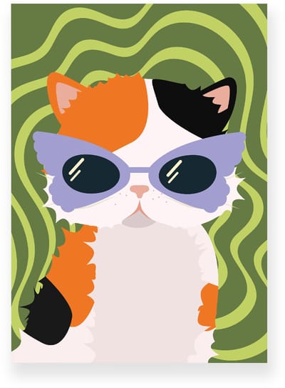 Poster 20x30 cm - Kat met zonnebril - Groen - Paars - Dopamine Decor - Dieren - Muurdecoratie - Wanddecoratie