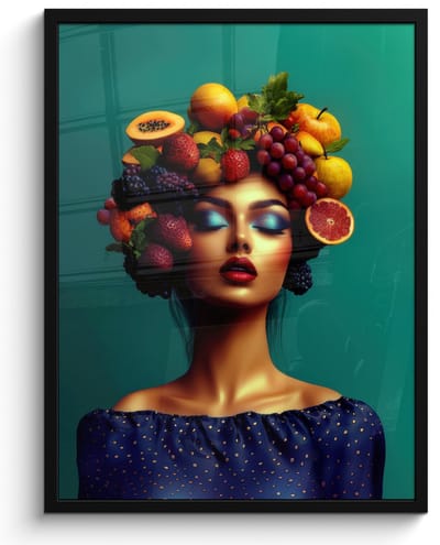 Poster in lijst - Fotolijst 50x70 cm - Posters - Vrouw - Hoodtooi - Tropisch - Fruit - Druiven - Posterlijst zwart - Decoratie - Wanddecoratie woonkamer - Muurdecoratie slaapkamer