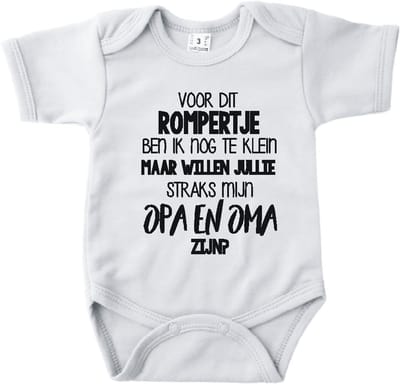 Baby romper met tekst zwangerschap aankondiging | Voor dit rompertje ben ik nog te klein maar willen jullie mijn Opa en Oma zijn? | Wit | korte mouw | maat 56 cadeautje zwangerschap aankondiging bekendmaking |Cadeautje 100% katoen.