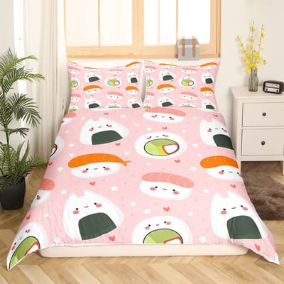 Japan Sushi Koning Koningin Dekbedovertrek Marineleven Beddengoedset Cartoon Japans Eten Dekbedovertrek Kleurrijk Polyester Dekbedovertrek AU Single(140x210cm)