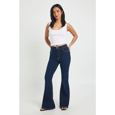 boohoo Dames Petite Hoge Taille Billen Liftende Wijdlopende Jeans | Indigo | Maat: 38