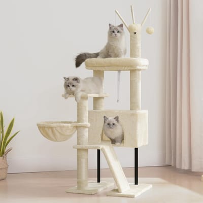 Kattenboom voor katten en kittens, kattenkrabpaal met afneembare bovenste platformen, krabpalen, pluche ballen, hangmat, Beige GCT006SM