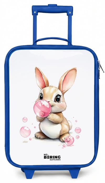 NoBoringSuitcases.com® - Kinderkoffer blauw - Kindertrolley jongen - Bruin konijntje met roze bellen - Koffer kind lichtgewicht - Reiskoffer trolley voor kinderen - Koffertje met lichtgevende wieltjes - Rolkoffer