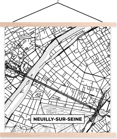 Posterhanger incl. Poster 40x40 cm - Schoolplaat - Stadskaart - Neuilly-sur-Seine - Plattegrond - Kaart - Frankrijk - Zwart wit - Textielposter - Blanke latten - Stadskaart